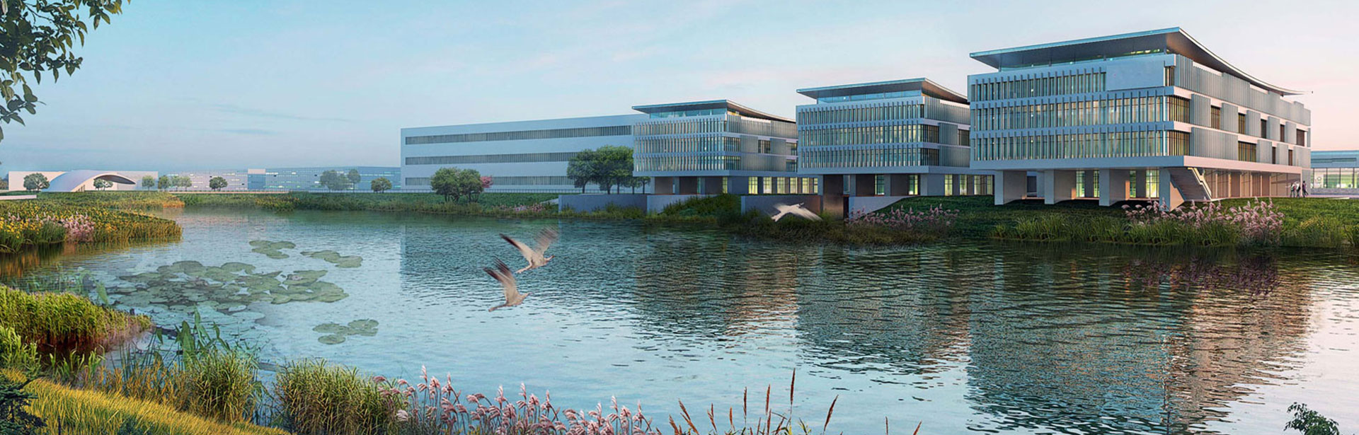 3D-Modell von Gebäuden am Fluss